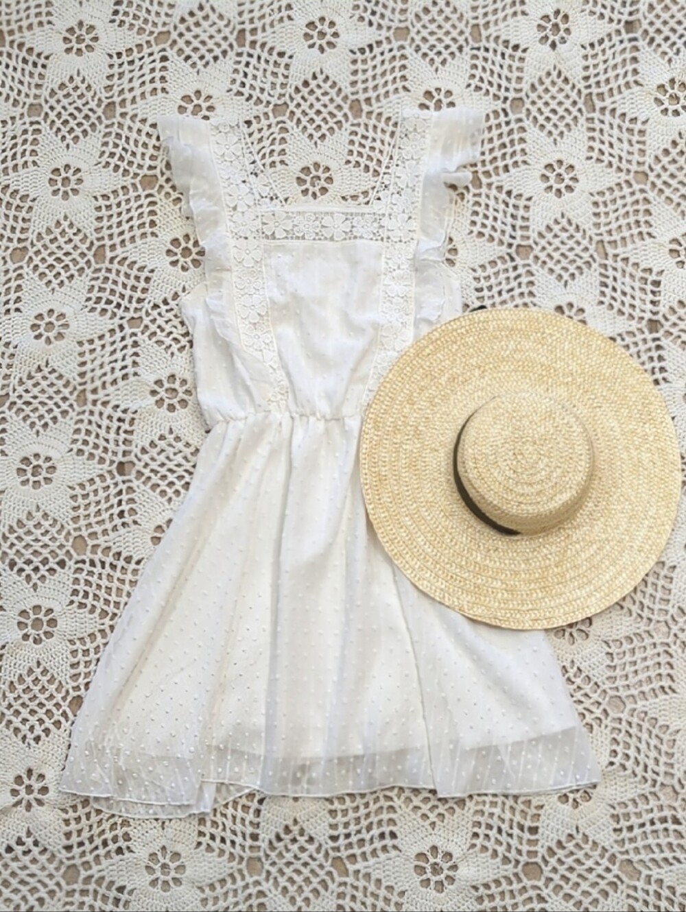 Swiss Dot Lace Square Neck Ruffle Sundress